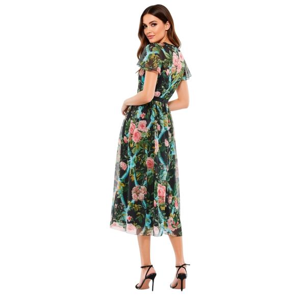 Mac Duggal Dress Multicolor Floral Illusion Cap Sleeve Midi Dress 6 - NWT - Picture 2 of 6